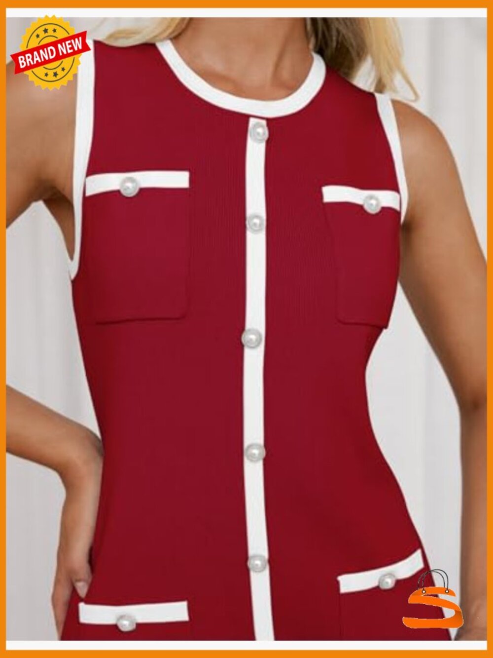 Sleeveless Crewneck Knit Bodycon Mini Dress, Office Business Dress - Picture 6 of 7
